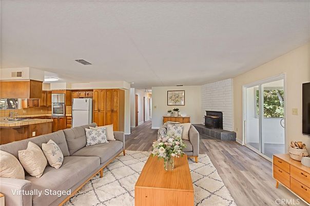Fireplace, Interior, Kitchen, Living room, Stainless Steel Appliances, Wood Texture Flooring