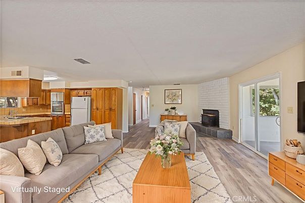 Fireplace, Interior, Kitchen, Living room, Stainless Steel Appliances, Wood Texture Flooring