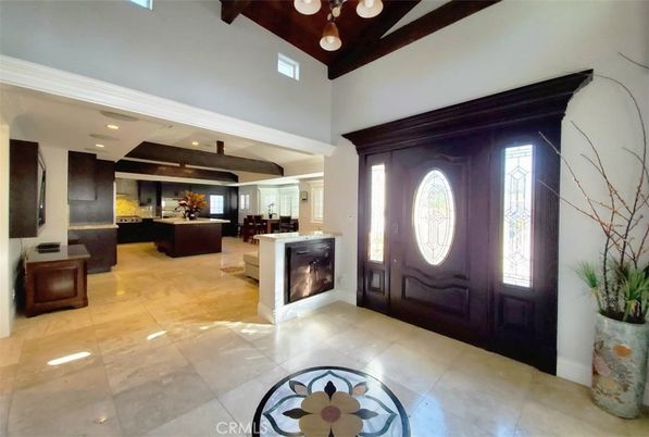 Fireplace, Interior, Kitchen, Pendant Lights, Recessed Lighting, Wooden Beams