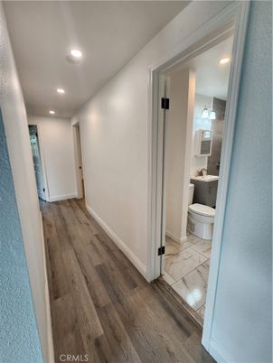 Bathroom, Interior, Marble, Recessed Lighting, Wood Texture Flooring