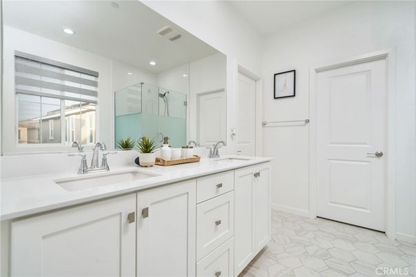 Bathroom, Dual Sink Vanities, Glass Shower, Interior, Marble, Recessed Lighting