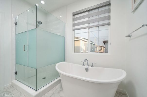 Bathroom, Free Standing Baths, Glass Shower, Interior, Marble, Marble Walls, Recessed Lighting
