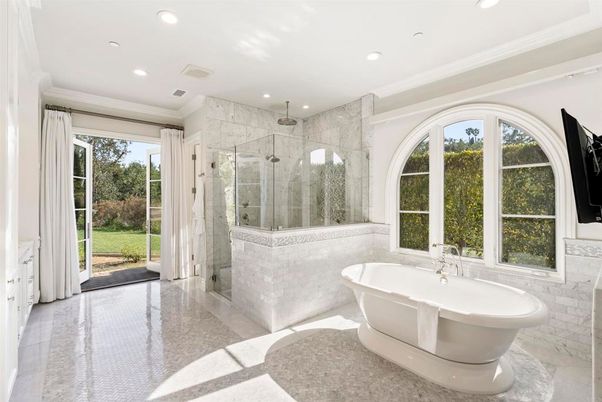 Bathroom, Free Standing Baths, Glass Shower, Interior, Marble, Marble Walls, Recessed Lighting
