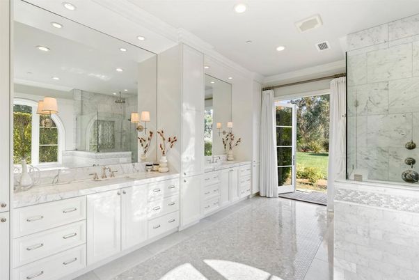 Bathroom, Dual Sink Vanities, Interior, Marble, Marble Walls, Recessed Lighting