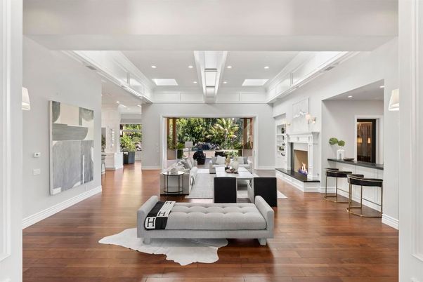 Fireplace, Interior, Living room, Recessed Lighting, Wood Texture Flooring