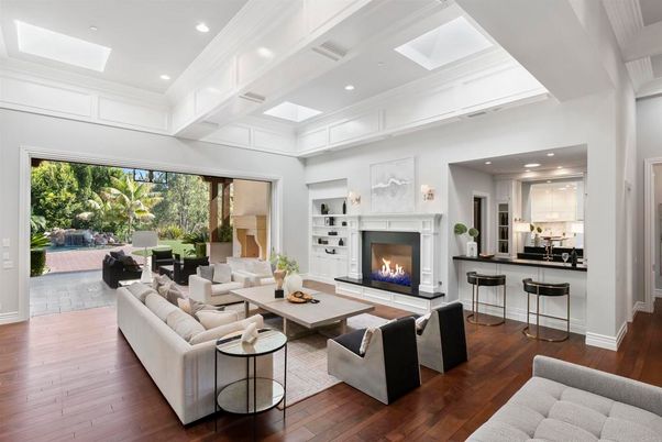 Fireplace, Interior, Kitchen, Living room, Recessed Lighting, Wood Texture Flooring