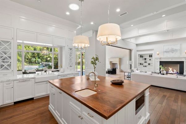 Fireplace, Interior, Kitchen, Living room, Pendant Lights, Recessed Lighting, Wood Texture Flooring
