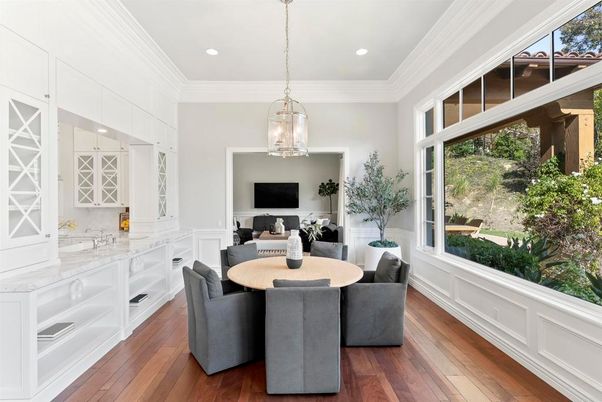 Dining room, Interior, Pendant Lights, Recessed Lighting, Wood Texture Flooring