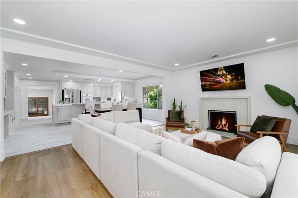Fireplace, Interior, Kitchen, Living room, Recessed Lighting, Wood Texture Flooring