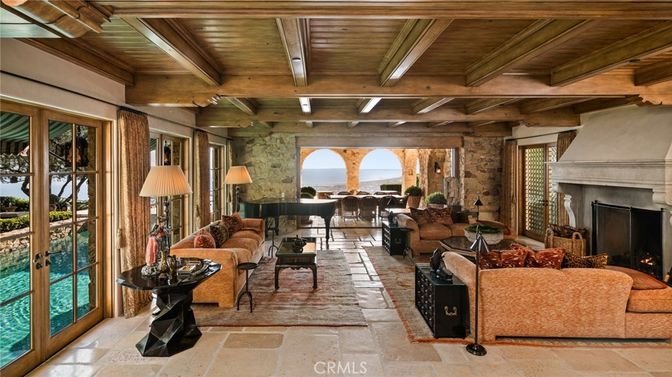 Fireplace, Interior, Living room, Piano, Stone Walls, Water, Wooden Beams, Wooden Ceilings