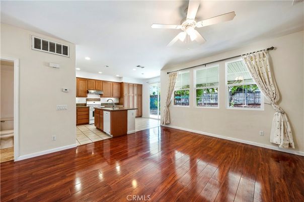 Empty room, Interior, Kitchen, Recessed Lighting, Wood Texture Flooring