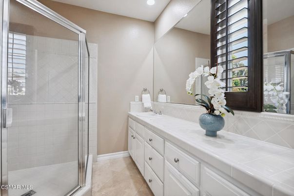 Bathroom, Glass Shower, Interior, Recessed Lighting, Tile Countertops