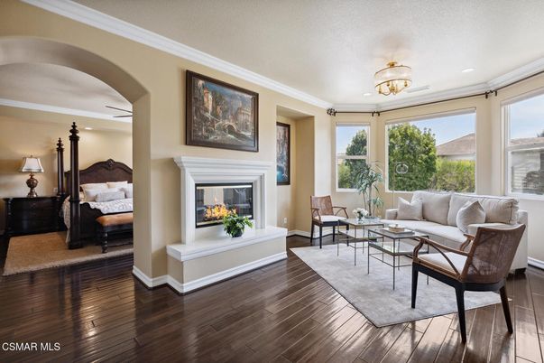 Bedroom, Fireplace, Interior, Recessed Lighting, Wood Texture Flooring