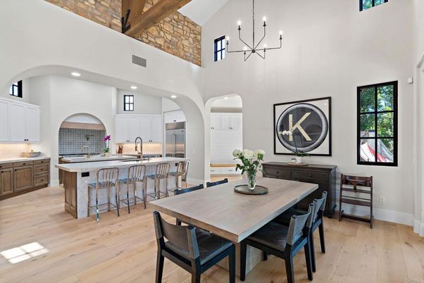 Dining room, Interior, Kitchen, Pendant Lights, Recessed Lighting, Wooden Beams, Wood Texture Flooring
