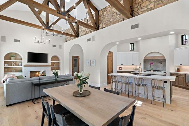 Dining room, Fireplace, Interior, Kitchen, Living room, Pendant Lights, Recessed Lighting, Wooden Beams, Wood Texture Flooring