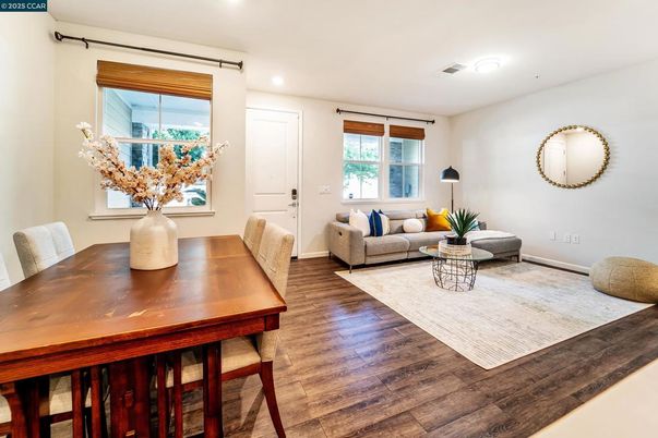 Dining room, Interior, Living room, Recessed Lighting, Wood Texture Flooring