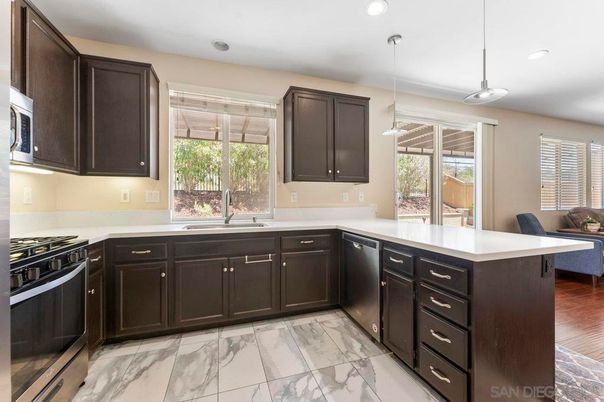 Interior, Kitchen, Marble, Pendant Lights, Recessed Lighting, Stainless Steel Appliances