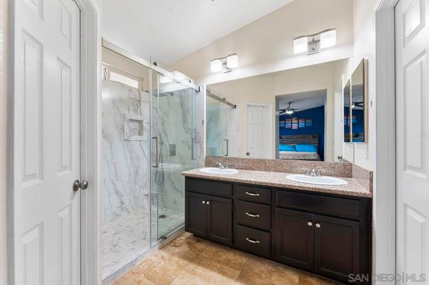Bathroom, Dual Sink Vanities, Glass Shower, Interior, Marble Walls
