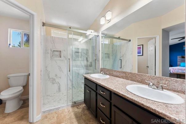 Bathroom, Dual Sink Vanities, Glass Shower, Interior, Marble Walls