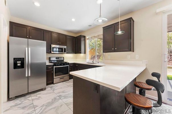 Interior, Kitchen, Marble, Pendant Lights, Recessed Lighting, Stainless Steel Appliances