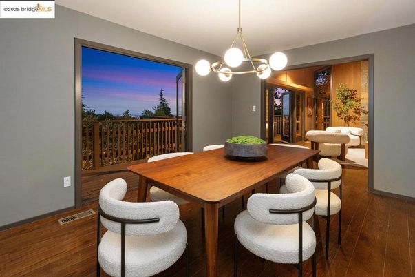 Dining room, Interior, Pendant Lights, Wood Texture Flooring