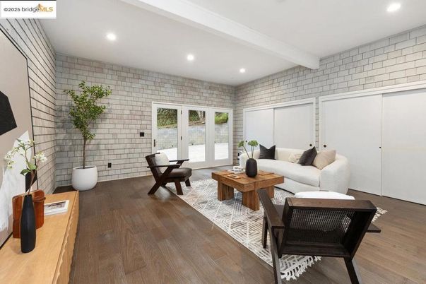 Interior, Living room, Recessed Lighting, Stone Walls, Wood Texture Flooring