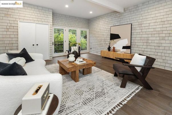 Interior, Living room, Recessed Lighting, Stone Walls, Wood Texture Flooring