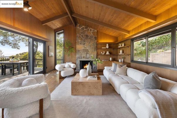 Fireplace, Interior, Living room, Recessed Lighting, Stone Walls, Wooden Beams, Wooden Ceilings, Wood Texture Flooring