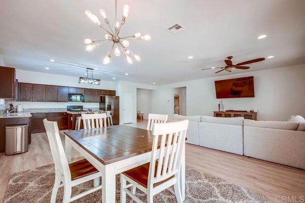 Dining room, Interior, Kitchen, Living room, Pendant Lights, Recessed Lighting, Wood Texture Flooring