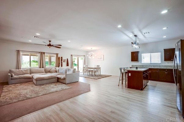 Chandelier, Dining room, Interior, Kitchen, Living room, Pendant Lights, Recessed Lighting, Wood Texture Flooring