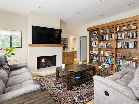 Fireplace, Interior, Living room, Recessed Lighting, Wood Texture Flooring