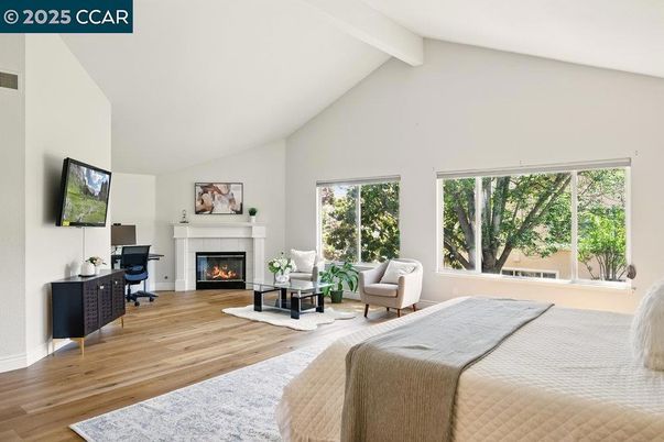Bedroom, Fireplace, Interior, Wood Texture Flooring