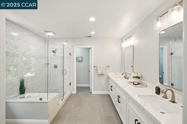 Bathroom, Dual Sink Vanities, Glass Shower, Interior, Marble Walls, Recessed Lighting