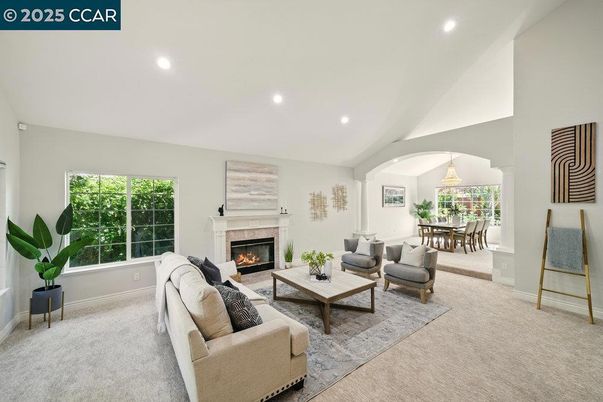 Dining room, Fireplace, Interior, Living room, Pendant Lights, Recessed Lighting