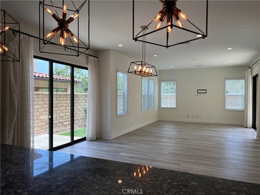 Chandelier, Empty room, Interior, Pendant Lights, Recessed Lighting, Wood Texture Flooring