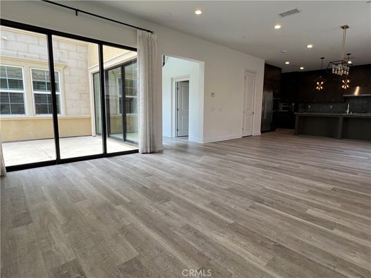 Empty room, Interior, Kitchen, Pendant Lights, Recessed Lighting, Wood Texture Flooring
