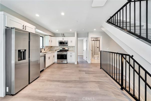 Interior, Kitchen, Recessed Lighting, Stainless Steel Appliances, Wood Texture Flooring
