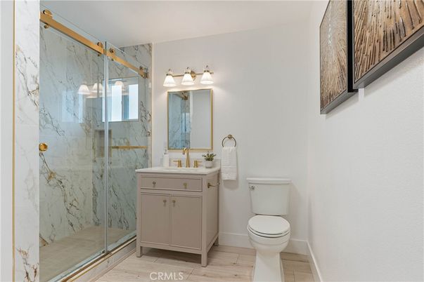 Bathroom, Glass Shower, Interior, Marble Walls, Wood Texture Flooring