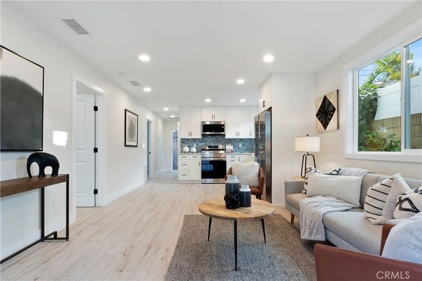 Interior, Kitchen, Living room, Recessed Lighting, Stainless Steel Appliances, Wood Texture Flooring