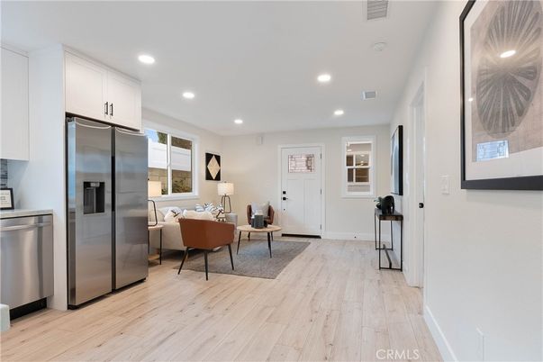 Interior, Kitchen, Living room, Recessed Lighting, Stainless Steel Appliances, Wood Texture Flooring