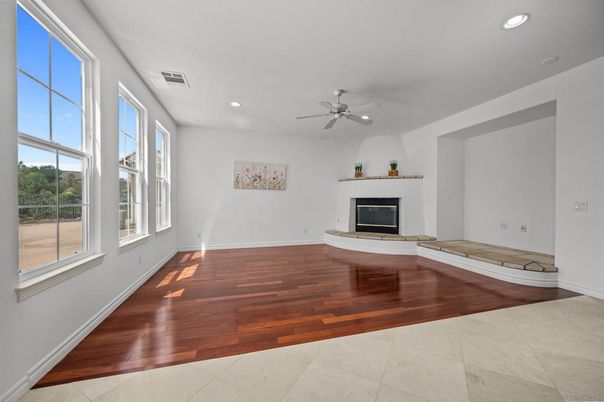 Empty room, Fireplace, Interior, Recessed Lighting, Wood Texture Flooring
