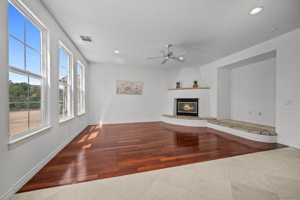Empty room, Fireplace, Interior, Recessed Lighting, Wood Texture Flooring