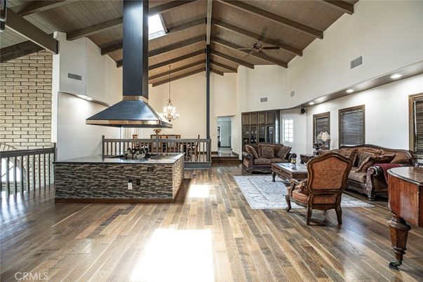 Dining room, Interior, Living room, Pendant Lights, Stone Walls, Wooden Beams, Wooden Ceilings, Wood Texture Flooring