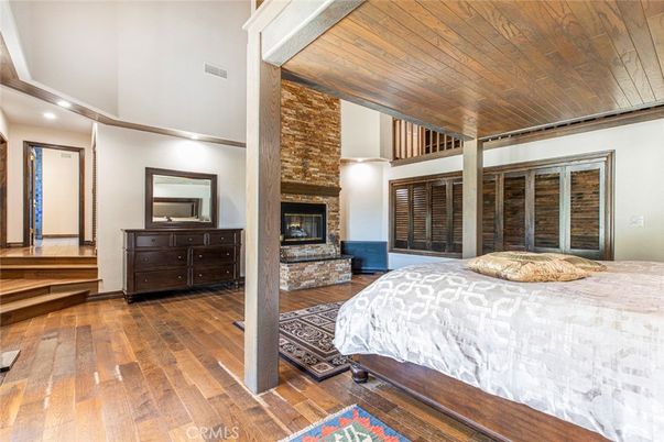 Bedroom, Fireplace, Interior, Recessed Lighting, Wooden Ceilings, Wood Texture Flooring