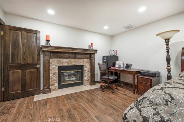 Bedroom, Fireplace, Home Office, Interior, Recessed Lighting, Wood Texture Flooring