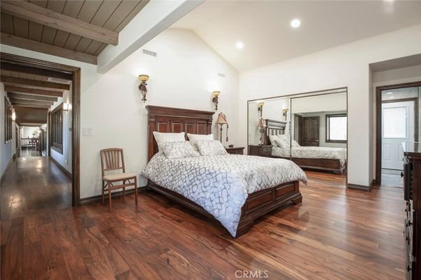 Bedroom, Fireplace, Interior, Recessed Lighting, Wooden Beams, Wood Texture Flooring