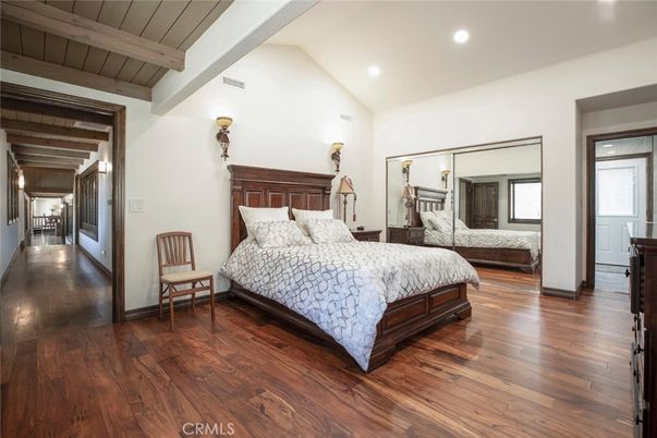 Bedroom, Fireplace, Interior, Recessed Lighting, Wooden Beams, Wood Texture Flooring