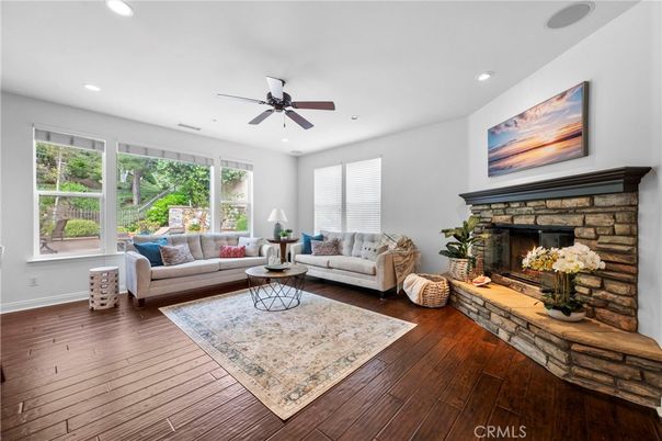 Fireplace, Interior, Living room, Recessed Lighting, Wood Texture Flooring
