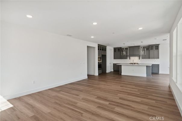 Empty room, Interior, Kitchen, Pendant Lights, Recessed Lighting, Wood Texture Flooring