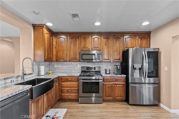 Interior, Kitchen, Recessed Lighting, Stainless Steel Appliances, Wood Texture Flooring